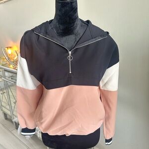Zara Black Pink White Colorblock Half-Zip Hooded Utility Jacket